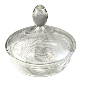 Vintage Anchor Hocking Clear Glass Lidded Bowl 7" Etched Birds Grasses Decor USA